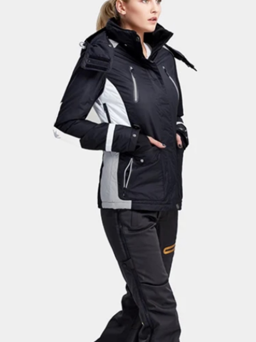 Insulated Black and White Ski Jacket with High Collar